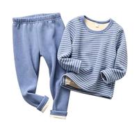 2Pcs Kids Fleece Stripe Pajamas Sets Long Sleeve Pullover Top+Pants js Outfits Fall Winter Warm Loungewear Boys Girls Fall Casual Soft Sleepwear Outfits (Blue, 7-8 Years)
