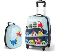 2PCS Kids Luggage Set, 12’’ Travel Backpack and 16’’ Carry on Suitcase with Rolling Spinner Wheels for Children Boys Girls, Trolley Case Gift for Toddlers (Car & Aircraft)