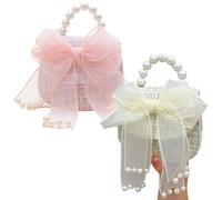 2Pcs Kids Purse with Bowknot, 5x5x2" Girls Purse with Pearl Handle for Little Girls, Cute Fashion Princess Handbags, Detachable Gold Chain