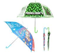 2Pcs Kids Strong Umbrella Set Paw Patrol 65cm Stick & Minecraft 75cm Transparent Dome PVC Umbrella Windproof Waterproof Boys Girls 3-7 Years Easy Grip J Handle Rain Sun Gift