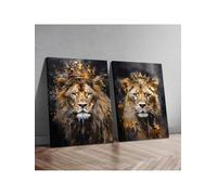 2Pcs King & Queen Lions With Crowns Canvas Wall Art Whimsical Animals Posters Prints For Living Room Office Decor(70x100cmx2/Inner frame)