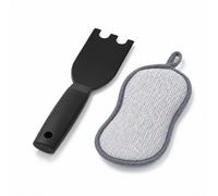 2Pcs Kitchen Cooking Cleaning Set, Heat Resistant Nylon Grill Spatula with Groove & Dual Sided Scrub Sponge, Non Scratch Cookware Cleaner Tool Compatible with George Foreman Indoor Outdoor Grill