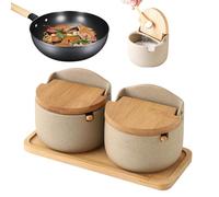 2PCS Kitchen Salt Container, Ceramic Salt Cellar With Wooden Spoon And Lid | Seasoning Box, Seasoning Storage Jar, Sugar Ja, Salt Holder For Countertop
