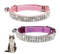 2Pcs Kitten Collar with Bell, Cute Rhinestone Pet Collar Sparkling Cat Collar Soft Puppy Collar with Bells Breakaway Adjustable Cat Collar Bling Diamante Cat Collar Cat Accessorie for Small Dog Cat
