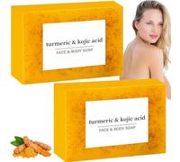2PCS Kojic Acid and Turmeric Soap,Natural Moisturizer,Handmade Turmeric Soap Bar,Kojic Acid for Skin Brightening,Reduce Acne,Dark Spots,Deep Cleansing for Face and Body,Gentle,Smoothing,Moisturizing