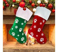 2pcs Large Christmas Stockings 8.7 x 18.1inch Dog Paw Print Snowflake Pattern Hanging Stockings Red Green Christmas Decorations Gift Bag Hanging Ornament for Xmas Holiday Party Pet Home