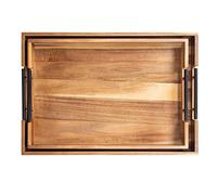 2PCS Large Wooden Ottoman Tray Rectangle Trays for Big Ottoman Counter Huge Kitchen Wood Serving Trays with Handles, Decorative Tray for Living Room Premium Acacia Wood Tray(20.1'' + 18.1'')