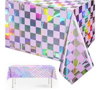 2pcs Laser Purple and White Checkered Disposable Table Cloth Table Covers,137*274cm Holographic Laser Party Rectangular Tablecover Plastic Tablecloths for Racing Party,Picnic,Baby Shower,Birthday