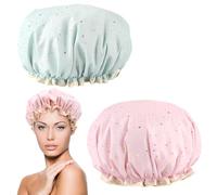 2Pcs Layer Shower Cap for Women Waterproof Plastic Shower Cap with Ruffles Covering Ears Shower Hat with PEVA Lining Elastic Band Stretch Reusable for Long Short and Curly Hairs (cyan pink)