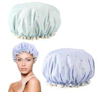 2Pcs Layer Shower Cap for Women Waterproof Plastic Shower Cap with Ruffles Covering Ears Shower Hat with PEVA Lining Elastic Band Stretch Reusable for Long Short and Curly Hairs (cyan blue)