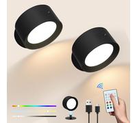 2PCS LED Wall Light, Rechargeable Wall Lights with Remote Control, Touch Control, 6 Brightness Levels,12 RGB Colour Modes, Wireless Sitck on Lights, 360° Rotatable for Bedroom, Living Room(Black)