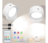 2PCS LED Wall Light, Rechargeable Wall Lights with Remote Control, Touch Control, 6 Brightness Levels,12 RGB Colour Modes, Wireless Sitck on Lights, 360° Rotatable for Bedroom, Living Room(White)