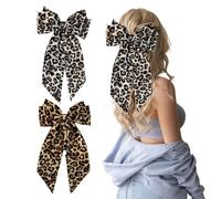 2Pcs Leopard Print Hair Bow Clips with Long Tail Ribbon Satin Yellow or White Leopard Big Metal Hair Bow Barrettes Styling Accessories for Women Girls Ponytail Clips