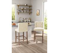 2pcs Linen Button Tufted Upholstered Bar Stools Dining Chair with Wood Legs Beige Living and Home Beige One Size