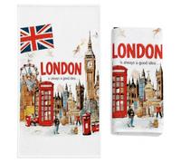 2PCS London Themed Kitchen Tea Towels, Big Ben Red Telephone Box Dish Towel | Vintage London souvenir kitchen towel, printed with Big Ben, red telephone box& Union-Jack, British-themed housewarming gift