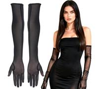 2Pcs Long Black Sheer Gloves Mesh Stretchy Tulle Long Lace Opera Formal Glove 1920s Accessories Tea Party Accessories Elbow Length Ladies Wedding Outdoor Party Opera Halloween Costume Dance Gloves