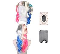 2Pcs Long Pink Blue Wigs for Women Curly Wavy Blonde, Blonde Ombre Pink Blue Three Tone Synthetic Wig Half Colorful Hair with Wig Cap Anime Cosplay Wigs for Halloween Christmas Party Carnival