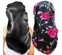 2Pcs Long Satin Bonnet Sleep Cap,Extra Large Braids Bonnets for Sleeping,Long Hair,Soft&Comfortable Elastic Band Bonnets for Women Night Sleep,Hair Bonnets for Women Satin,Black+Red Pattern