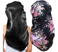 2Pcs Long Satin, Extra Large Braids Bonnets for Sleeping, Soft & Comfortable Elastic Band Bonnets for Women Night Sleep, Black + Pink Pattern
