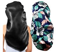2Pcs Long Satin Hair Bonnets, Extra Large for Long Hair, Soft & Comfortable Elastic Band Bonnets for Women's Night Sleep, Satin (Black + Green Pattern)