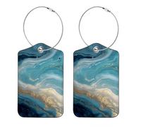 2Pcs Luggage Tag for Suitcases, Abstract Art Blue Ocean Waves Marble with Golden Lines Baggage Identifier with Privacy Flap, Name ID Card and Metal Loop for Women Men