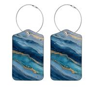 2Pcs Luggage Tag for Suitcases, Abstract Blue Ocean Waves Marble Baggage Identifier with Privacy Flap, Name ID Card and Metal Loop for Women Men