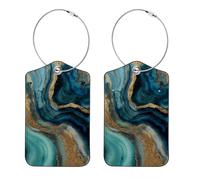 2Pcs Luggage Tag for Suitcases, Green and Blue Abstract Agate Texture Baggage Identifier with Privacy Flap, Name ID Card and Metal Loop for Women Men