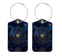 2Pcs Luggage Tag for Suitcases, Magic Space Zodiac Signs on Blue Sky Background Baggage Identifier with Privacy Flap, Name ID Card and Metal Loop for Women Men