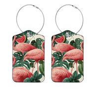 2Pcs Luggage Tag for Suitcases, Pink Flamingo Green Palm Leaves and Watermelon Baggage Identifier with Privacy Flap, Name ID Card and Metal Loop for Women Men
