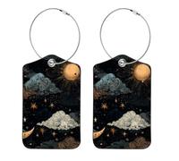 2Pcs Luggage Tag for Suitcases, Seamless Sun Moon Clouds Stars on Dark Background Baggage Identifier with Privacy Flap, Name ID Card and Metal Loop for Women Men