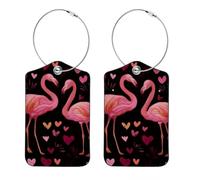 2Pcs Luggage Tag for Suitcases, Valentines Day Flamingo and Heart Baggage Identifier with Privacy Flap, Name ID Card and Metal Loop for Women Men