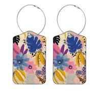 2Pcs Luggage Tags, Abstract Tropical Exotic Flowers Summer Pattern Suitcases Tags Identifiers with Name ID Card and Privacy Cover for Women Kids Girls Baggage