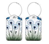 2Pcs Luggage Tags, Blue Dragonflies and Dandelions on a White Background Suitcases Tags Identifiers with Name ID Card and Privacy Cover for Women Kids Girls Baggage