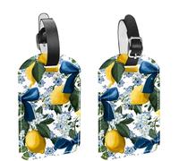 2Pcs Luggage Tags for Suitcases, Floral Trellis Seamless Pattern with Blue Bows and Lemons. PU Leather Travel Tags Name ID Labels Privacy Protection for Travel Essentials Bag Baggage