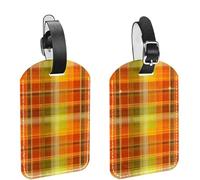 2Pcs Luggage Tags for Suitcases, Orange and Lime Green Hues Autumnal Plaid Pattern PU Leather Travel Tags Name ID Labels Privacy Protection for Travel Essentials Bag Baggage