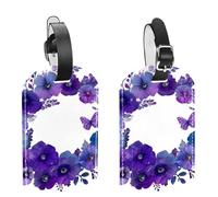 2Pcs Luggage Tags for Suitcases, Purple Flower Wreath with Butterflies PU Leather Travel Tags Name ID Labels Privacy Protection for Travel Essentials Bag Baggage