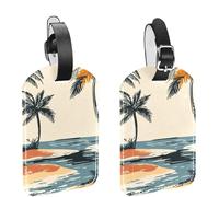 2Pcs Luggage Tags for Suitcases, Retro Seamless Tropical Island Pattern PU Leather Travel Tags Name ID Labels Privacy Protection for Travel Essentials Bag Baggage