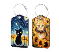 2PCS Luggage Tags for Suitcases, Star Night Cat Sunflower Cat Suitcase Tags Leather PU Secure Suitcase Labels for Travel, Baggage Name Label Suitcases ID Tag Handbag Tag for Men Women Girls Boys