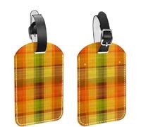 2Pcs Luggage Tags for Suitcases, Vintage Orange and Lime Green Hues Autumnal Plaid Pattern PU Leather Travel Tags Name ID Labels Privacy Protection for Travel Essentials Bag Baggage