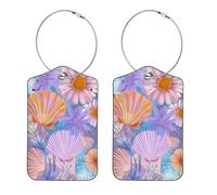 2Pcs Luggage Tags, Pastel Summer Coastal Seashell with Flower Suitcases Tags Identifiers with Name ID Card and Privacy Cover for Women Kids Girls Baggage