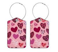 2Pcs Luggage Tags, Valentine's Day Seamless Heart Leopard Print Suitcases Tags Identifiers with Name ID Card and Privacy Cover for Women Kids Girls Baggage