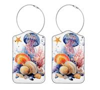 2Pcs Luggage Tags, Watercolor Sea Jellyfish Seashell Coral and Starfish Suitcases Tags Identifiers with Name ID Card and Privacy Cover for Women Kids Girls Baggage