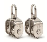 2PCS M15 Double Pulley Block, Stainless Steel Rope Pulley with 360° Swivel Ring, 35KG Load Lifting Pulley Wheel for Wire Rope Under 5mm, DIY Clothesline Tent Camping Traction Tool