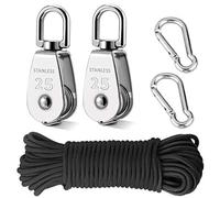 2pcs M25 Crane Pulley Block, 304 Stainless Steel Swivel Hook Single Pulley Block with 20M(6mm) Nylon Pulley Line Rope & 2pcs Carabiner Snap Hook Clips
