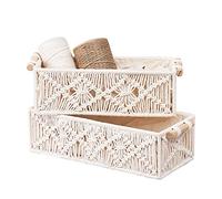 2Pcs Macrame Storage Baskets with Wooden Handles, BOJVESH White Boho Bathroom Decor Woven Baskets for Shelves, Handmade Countertop Toilet Cabinet Organizer Boxes for Bedroom Livingroom Nursery