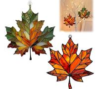 2Pcs Maple Leaves Suncatchers,10X7.8cmAutumn Fall Leaves Wall Decor,Maple Leaves Acrylic Window Hanging Ornament,Window Decorations,Stained Glass Window Hanging,Autumn Harvest Decoration(Green+Yellow)