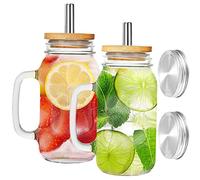 2PCS Mason Jars 24oz/700ml Glass Cup with Handle and Stainless Steel Straw 2 Perforated Bamboo Lids 2 Metal Sealing Caps for Smoothies Juice Coffee Cocktail Whiskey Jam Jars Overnight Oats Container