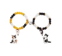 2pcs Matching Couple Natural Stone Beaded Bracelets Cute Cat Charms Love Heart Relationship Bracelets Friend Jewelry for Women Best Friends, One Size, Stone, no gemstone