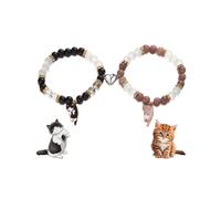 2pcs Matching Couple Natural Stone Beaded Bracelets Cute Cat Charms Love Heart Relationship Bracelets Friend Jewelry for Women Best Friends, One Size, Stone, no gemstone