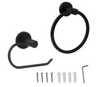 2pcs Matte Black Bathroom Hardware Hand Towel Holder and Toilet Paper Roll Holder Wall Mount Set, Metal Dish Towel Storage Closed Round Ring and Pipe Paper Open Hanger Rod Rack Kit for Farmhouse Hotel